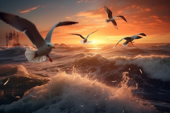 Birds flying over water