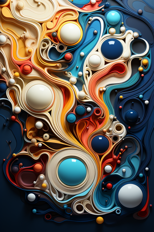 A colorful swirly art with round balls