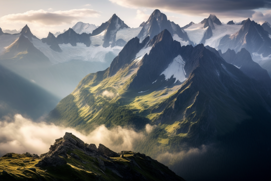 A mountain range with clouds and snow