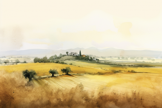A watercolor of a farm land