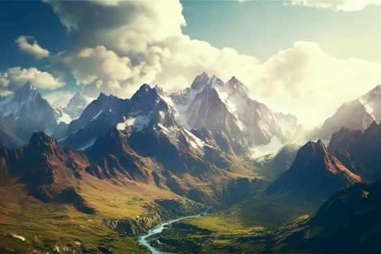 A mountain range with snow and clouds