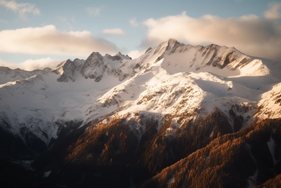 A snowy mountain tops with trees