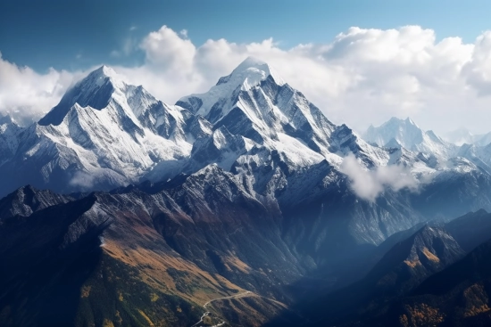 A snowy mountain tops with clouds