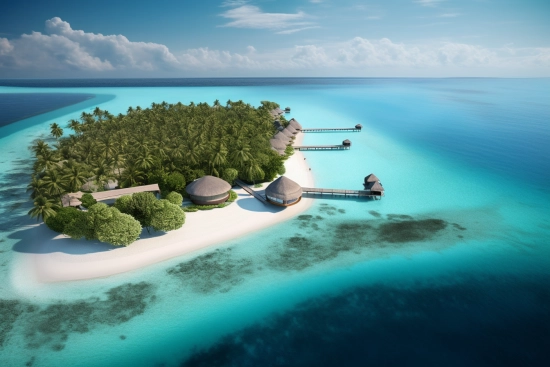 A aerial view of a beach with huts and trees