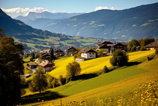 A landscape with houses and mountains