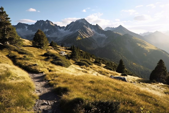 A mountain landscape with trees and mountains in the background