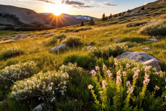 A grassy hill with flowers and rocks