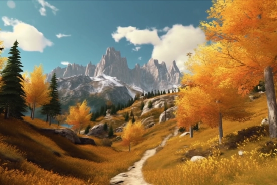 A mountain landscape with yellow trees and mountains