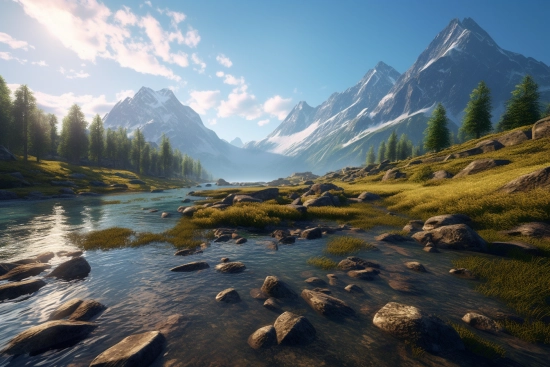 A river running through a valley with mountains and trees