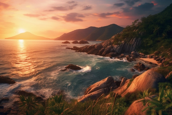A rocky beach with trees and mountains in the background