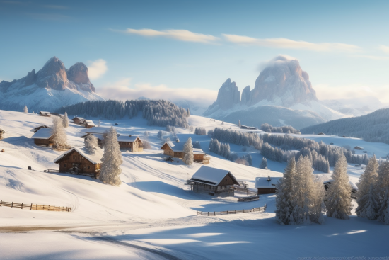 A snowy landscape with houses and trees