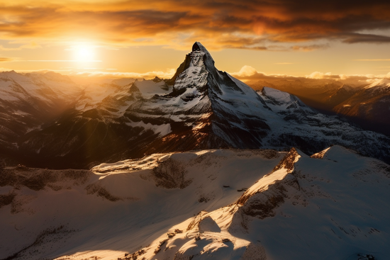 A mountain with snow and sun