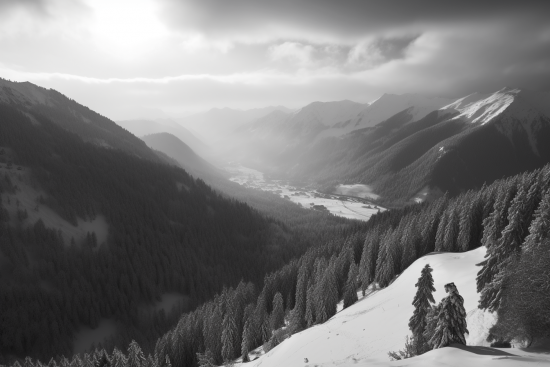 A snowy mountain with trees and a valley
