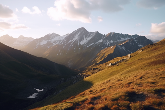 A mountain range with snow covered mountains