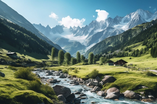 A river running through a valley with mountains in the background