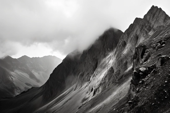 A mountain range with clouds