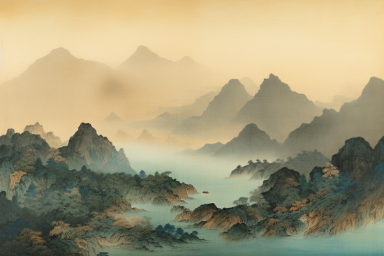 A landscape with mountains and fog