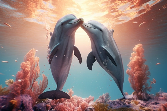 Two dolphins kissing each other