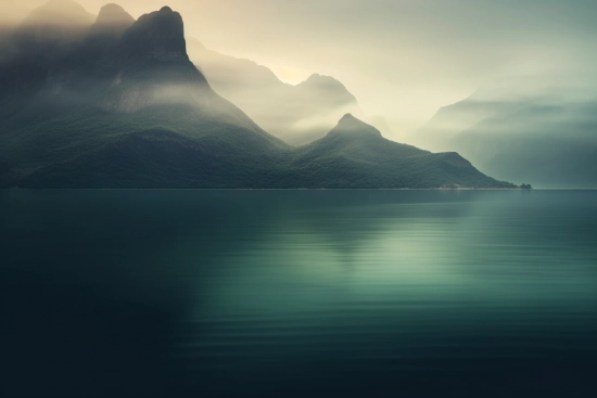 A body of water with mountains and fog