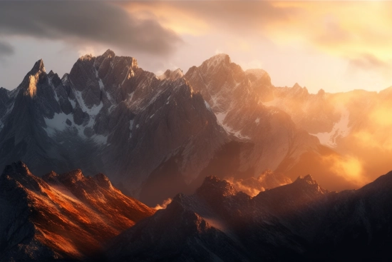 A mountain range with snow and clouds