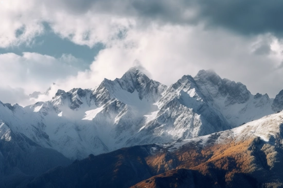 A snowy mountain tops with clouds in the sky