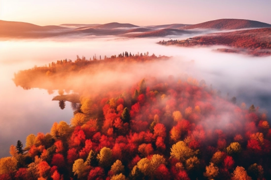 A aerial view of a forest with fog and hills