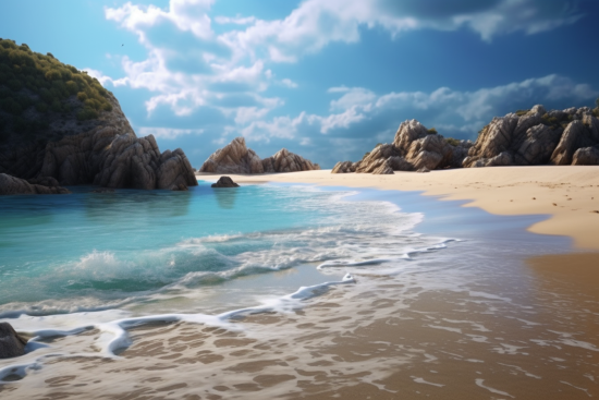 A beach with rocks and water