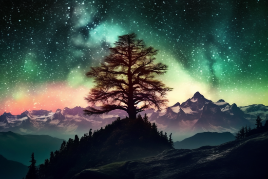 A tree on a hill with mountains in the background