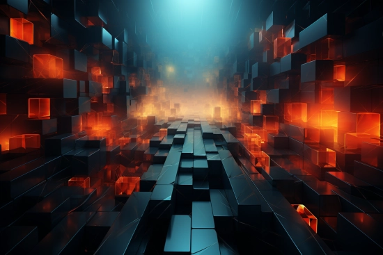 A dark room with red and orange cubes