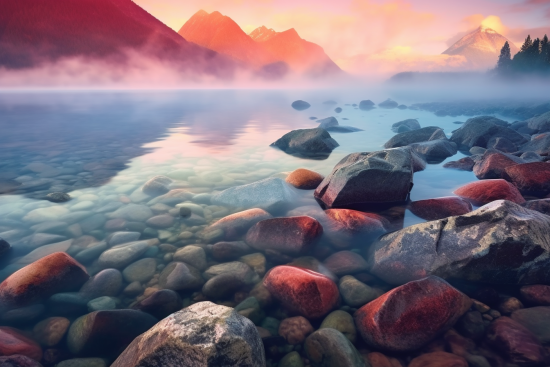 A rocky shore with mountains in the background