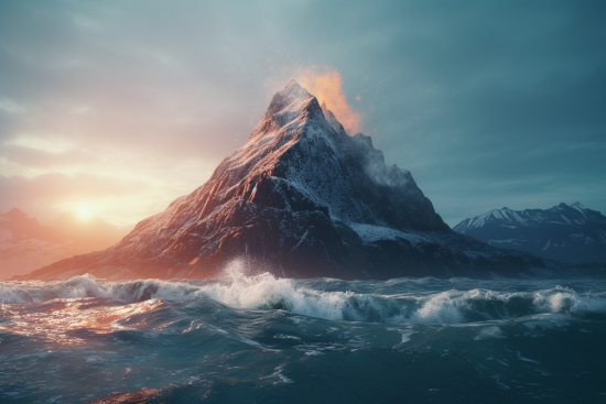 A mountain with snow and waves