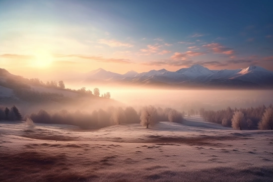 A snowy landscape with mountains and trees