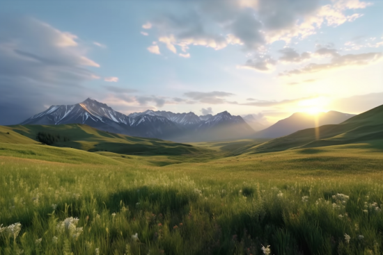 A green field with mountains in the background