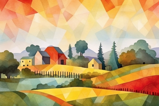 A painting of a farm