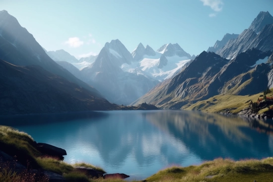 A lake surrounded by mountains