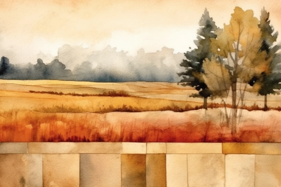 A watercolor painting of a field and trees