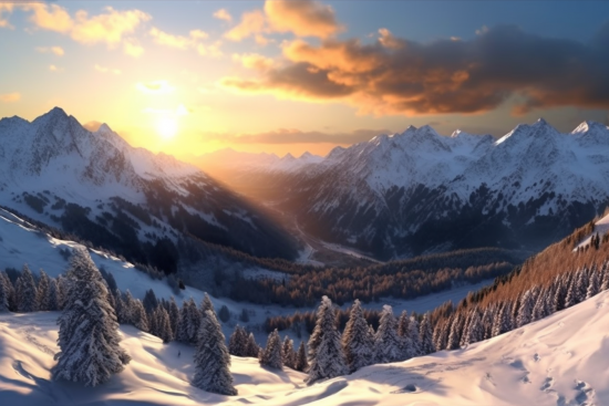A snowy mountain landscape with trees and mountains in the background