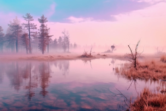 A lake with trees and fog