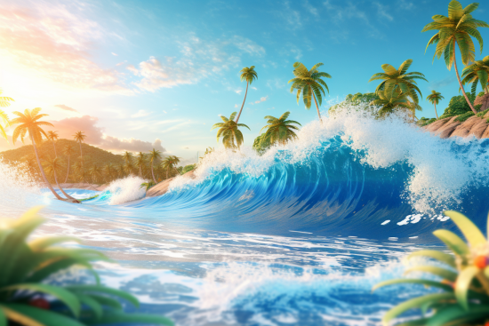 A wave on a beach with palm trees