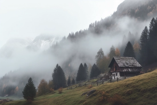 A house on a hill with trees and fog
