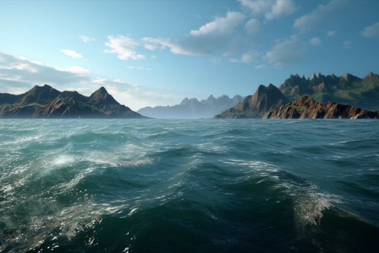 A body of water with mountains in the background
