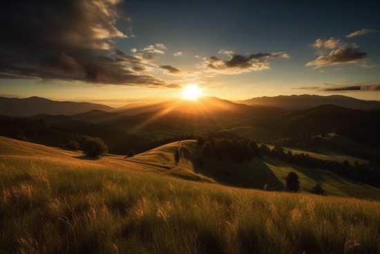 A sunset over a grassy hill