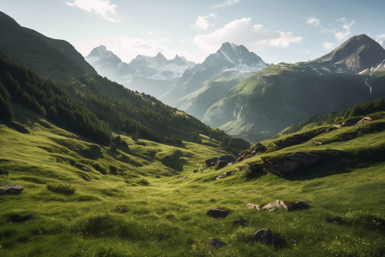 A green valley with mountains and snow covered peaks