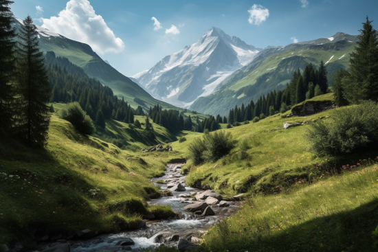 A river running through a valley with trees and mountains