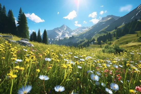 A field of flowers and trees in a valley