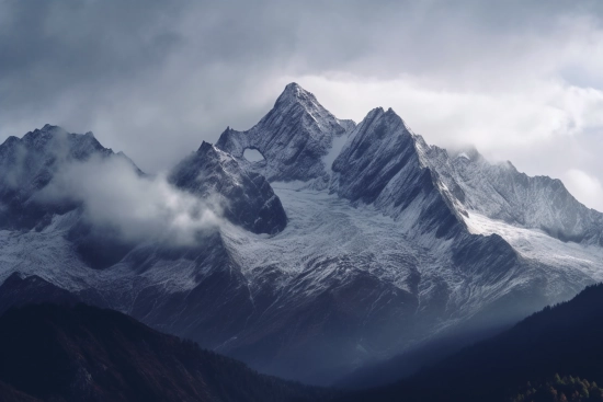 A snowy mountain with clouds