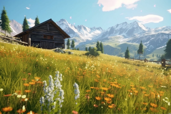 A house in a field of flowers