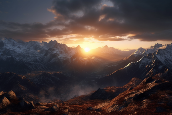 A mountain range with snow and clouds