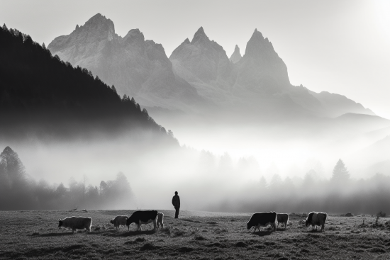 A person standing in a field with cows