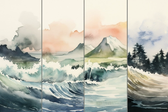 A watercolor painting of waves and mountains